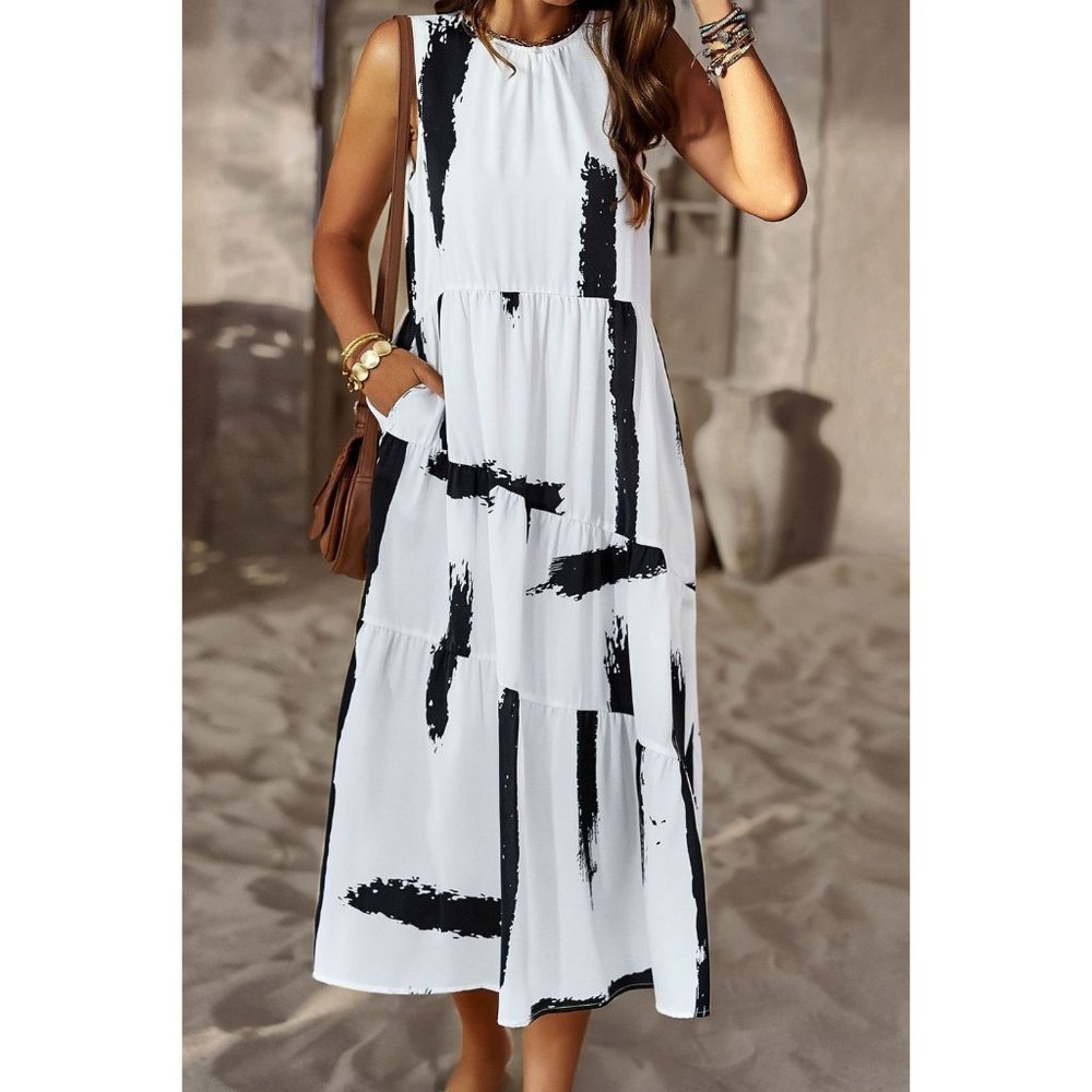 Printed Sleeveless Midi Dress with Pockets